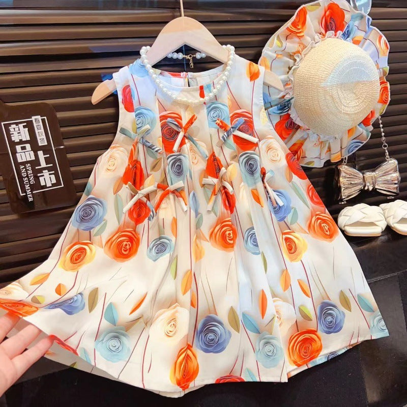 Girls Rose Flower Bowknot Dress  Baby Sweet Princess Dress Sleeveless Vest Dress with Hat (Available)
