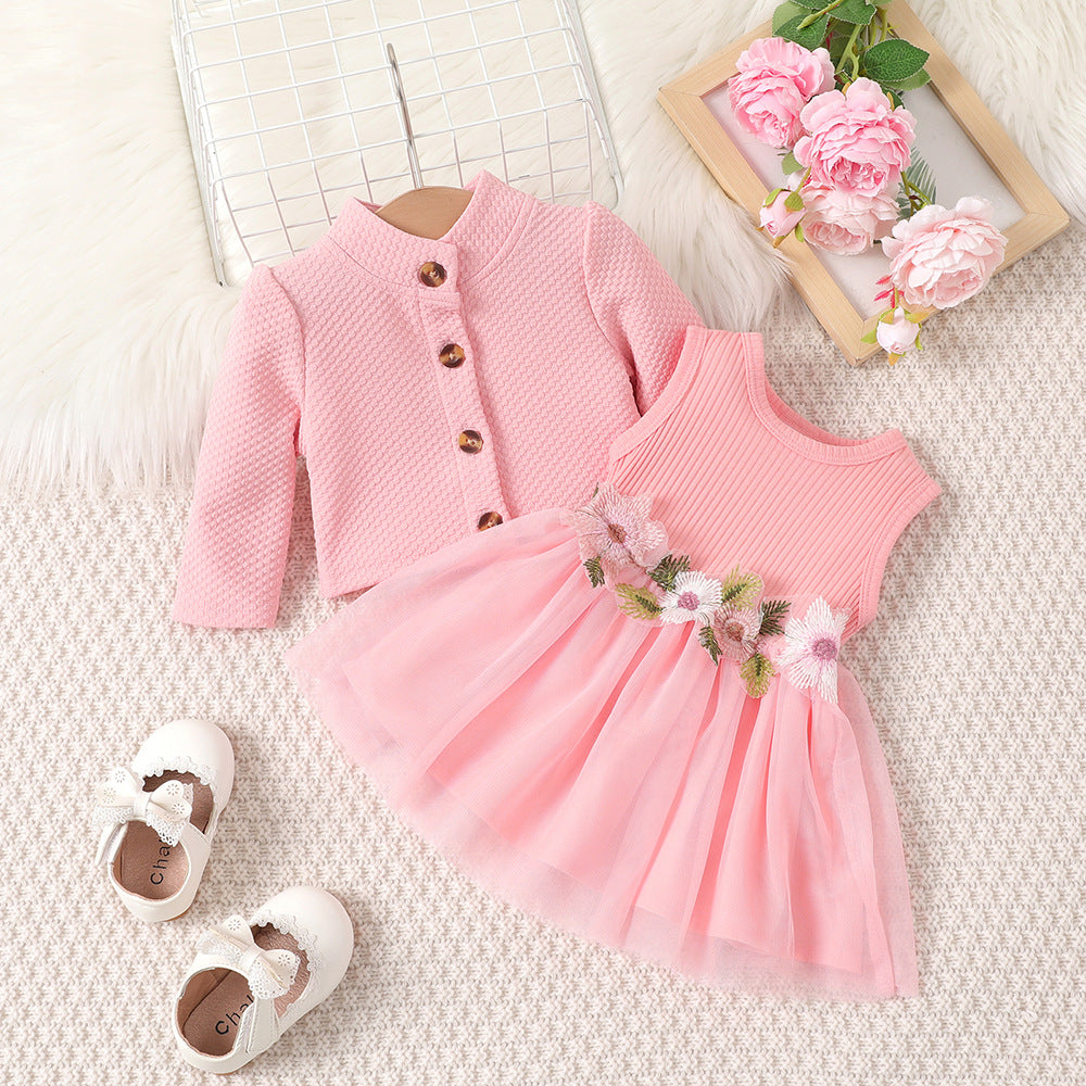 Girl's spring and autumn style waist flower design dress (Available)