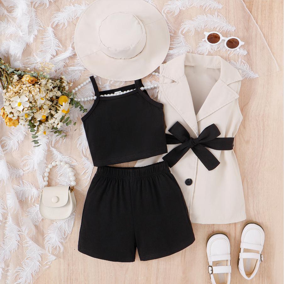Girls suits for small and medium-sized children: suspender bottom + shorts + sleeveless suit jacket + hat 4Pcs set (Available)