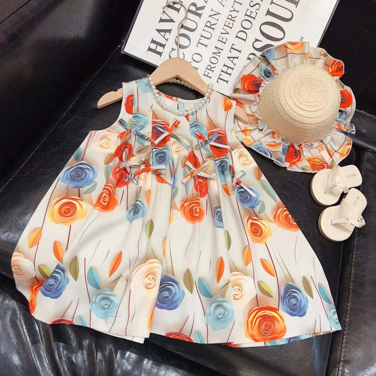 Girls Rose Flower Bowknot Dress  Baby Sweet Princess Dress Sleeveless Vest Dress with Hat (Available)
