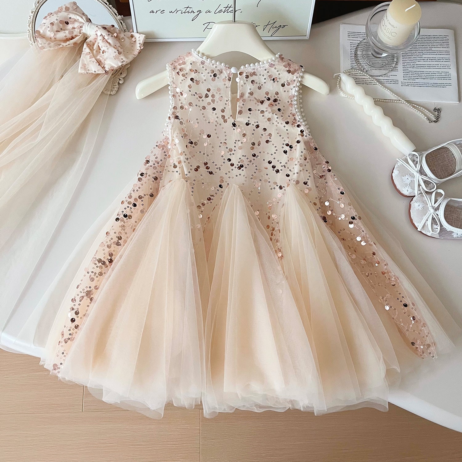 Summer New Korean Girls Beaded Sleeveless Dress Girls Sequined Mesh Princess Dress (Available)