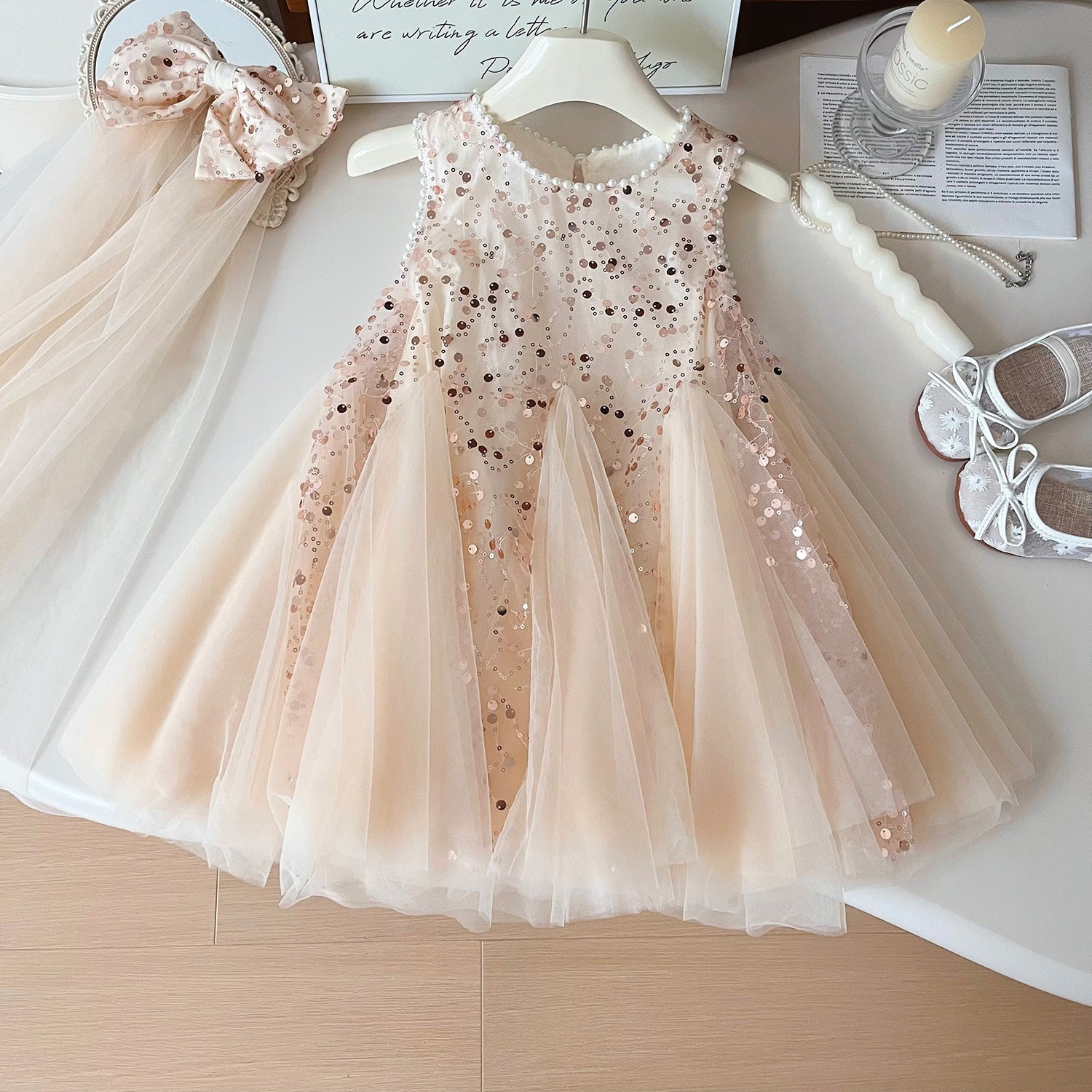 Summer New Korean Girls Beaded Sleeveless Dress Girls Sequined Mesh Princess Dress (Available)