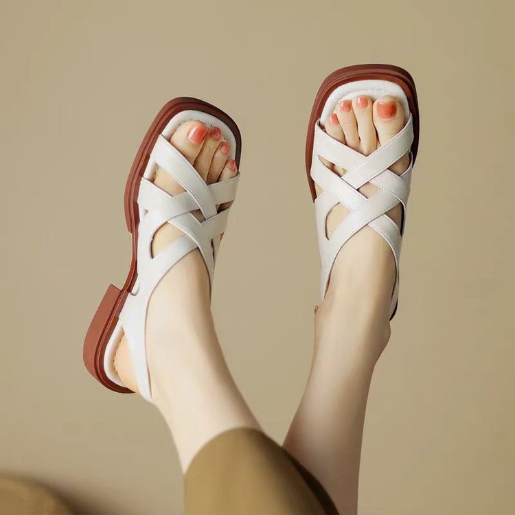 Women's Patent Leather Low Heel Square Toe Beach Sandals