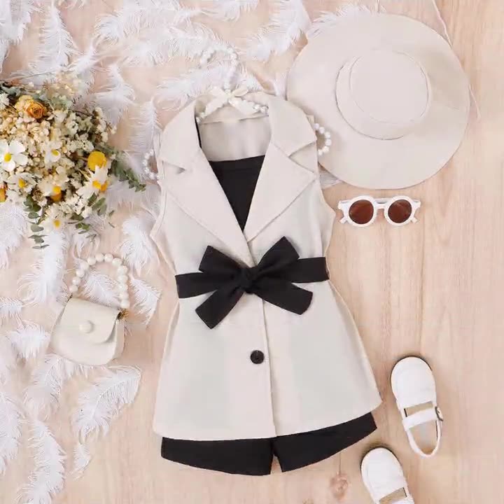 Girls suits for small and medium-sized children: suspender bottom + shorts + sleeveless suit jacket + hat 4Pcs set (Available)