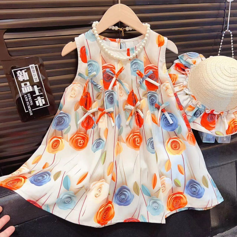 Girls Rose Flower Bowknot Dress  Baby Sweet Princess Dress Sleeveless Vest Dress with Hat (Available)