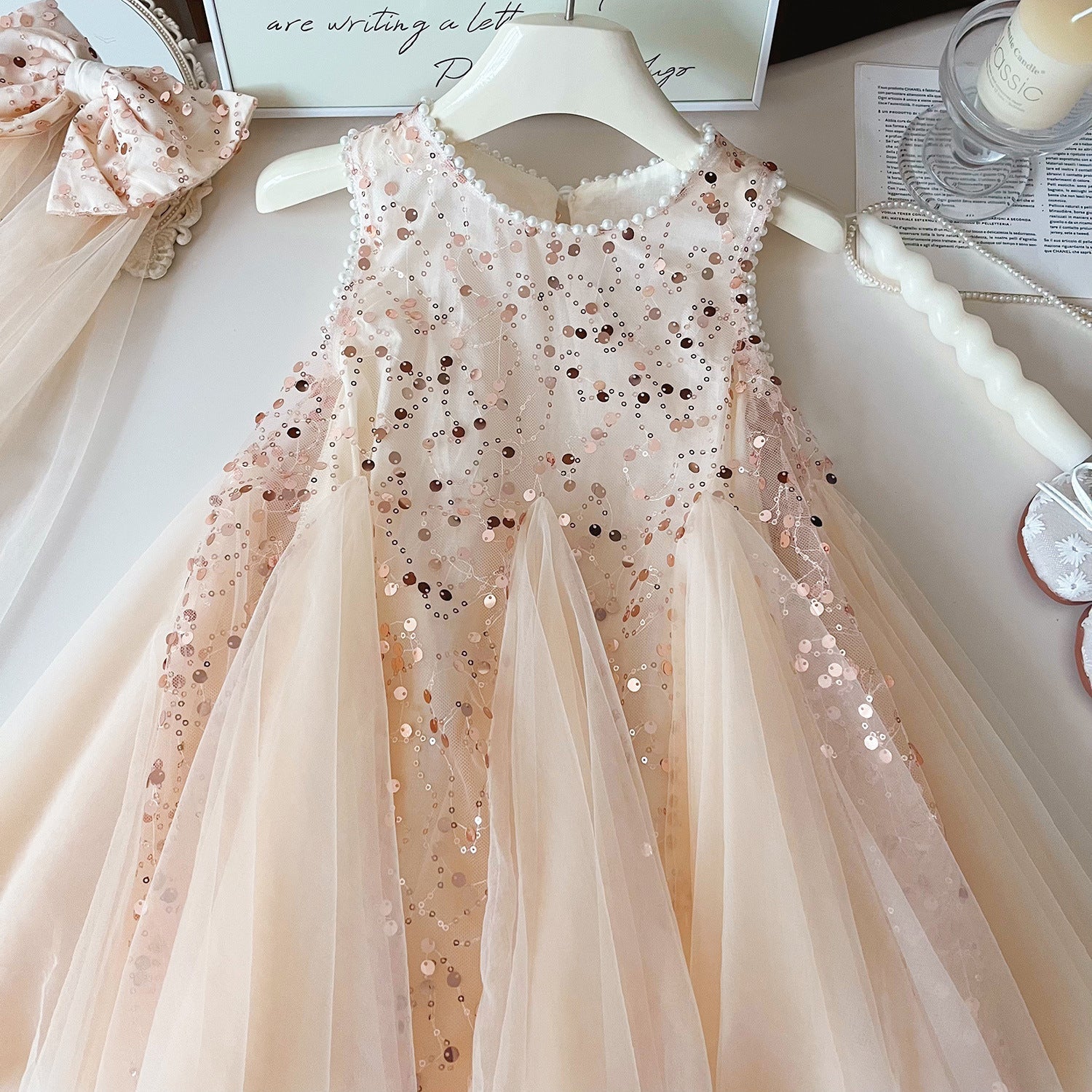 Summer New Korean Girls Beaded Sleeveless Dress Girls Sequined Mesh Princess Dress (Available)