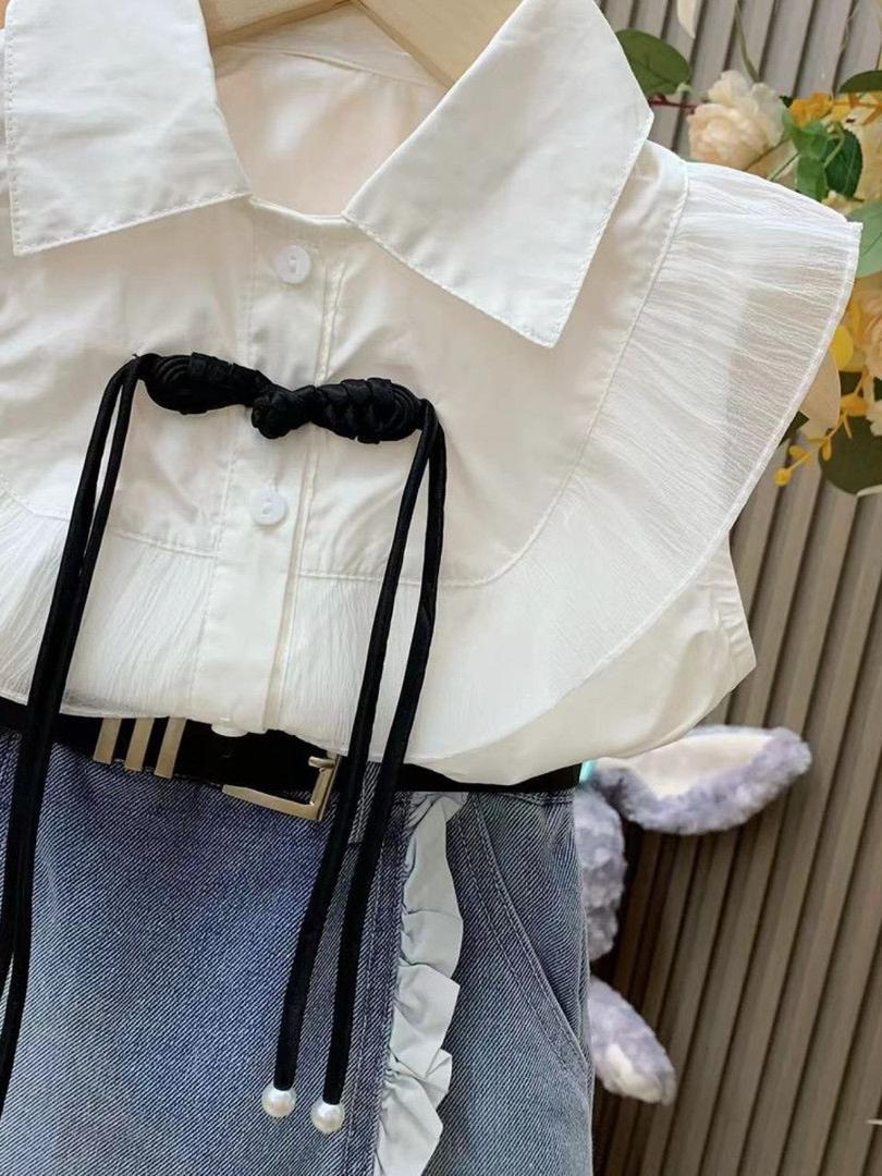 Girls princess style suit  summer new baby girl flying sleeve shirt + denim lace skirt pants two-piece suit (Available)