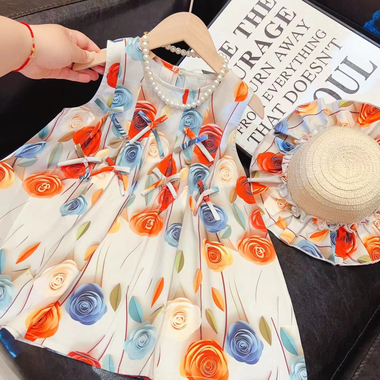 Girls Rose Flower Bowknot Dress  Baby Sweet Princess Dress Sleeveless Vest Dress with Hat (Available)