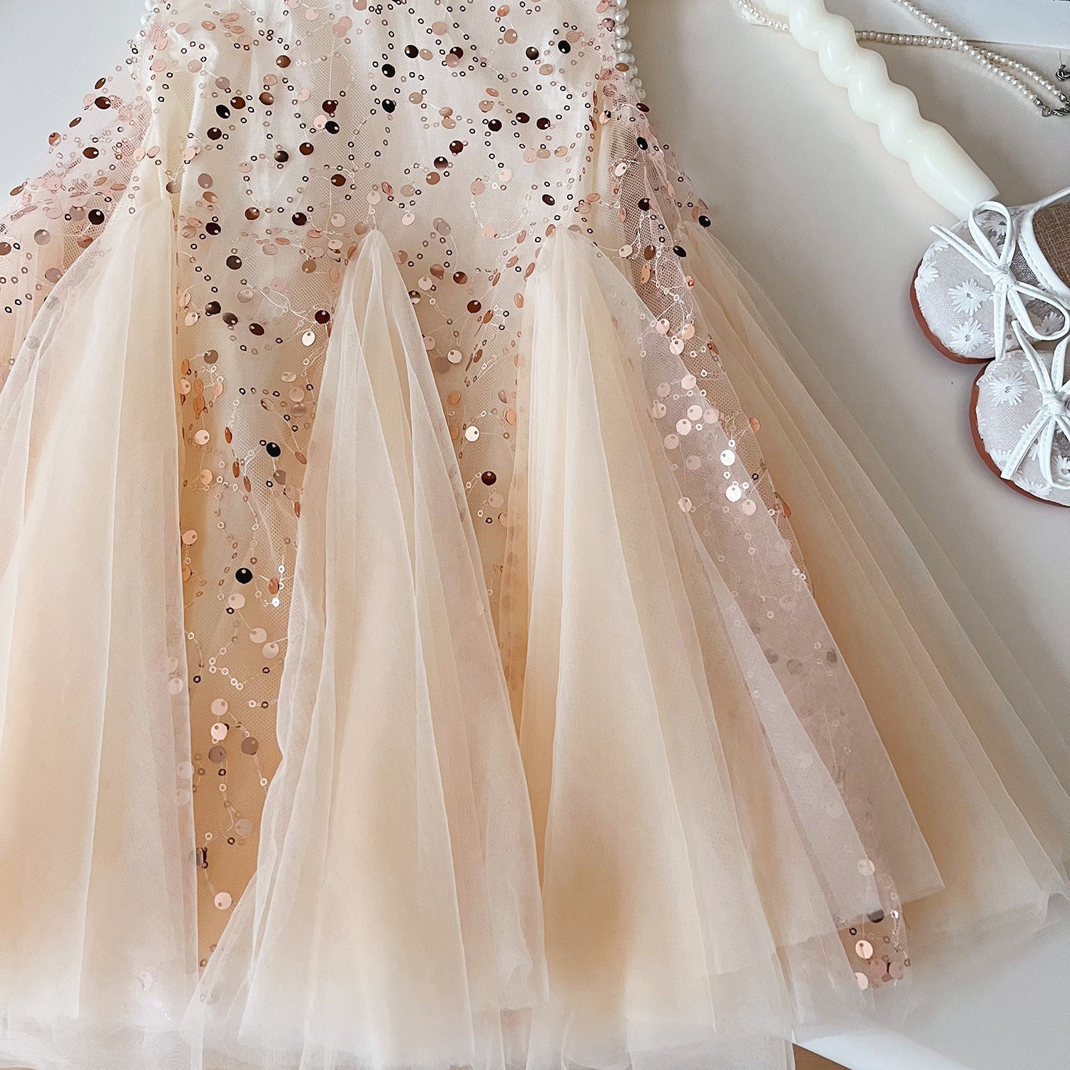 Summer New Korean Girls Beaded Sleeveless Dress Girls Sequined Mesh Princess Dress (Available)