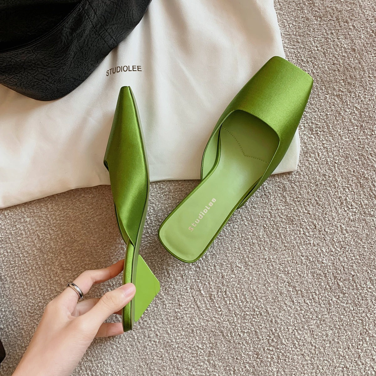 French Style Square Toe Low-cut Silk Satin Triangle Heel Muller Sandals