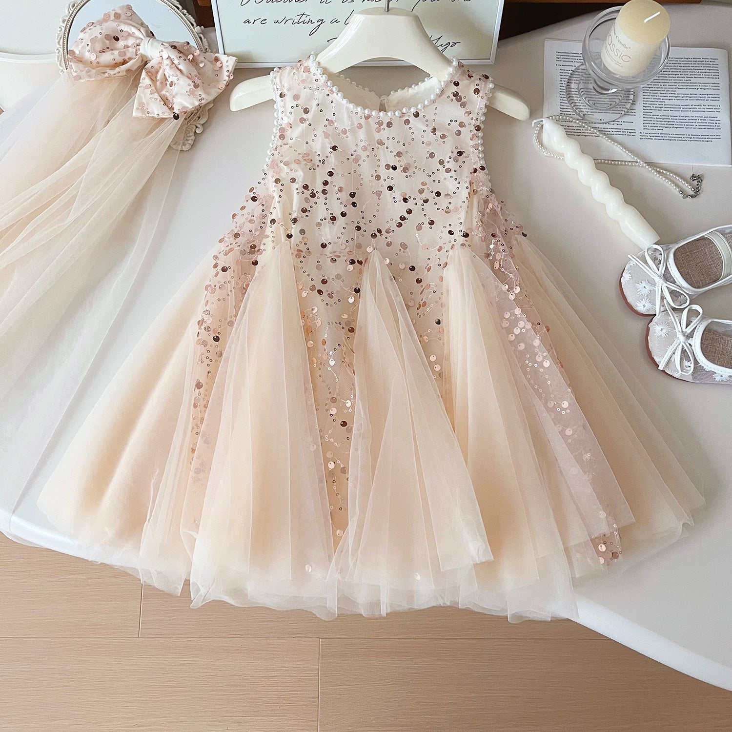 Summer New Korean Girls Beaded Sleeveless Dress Girls Sequined Mesh Princess Dress (Available)