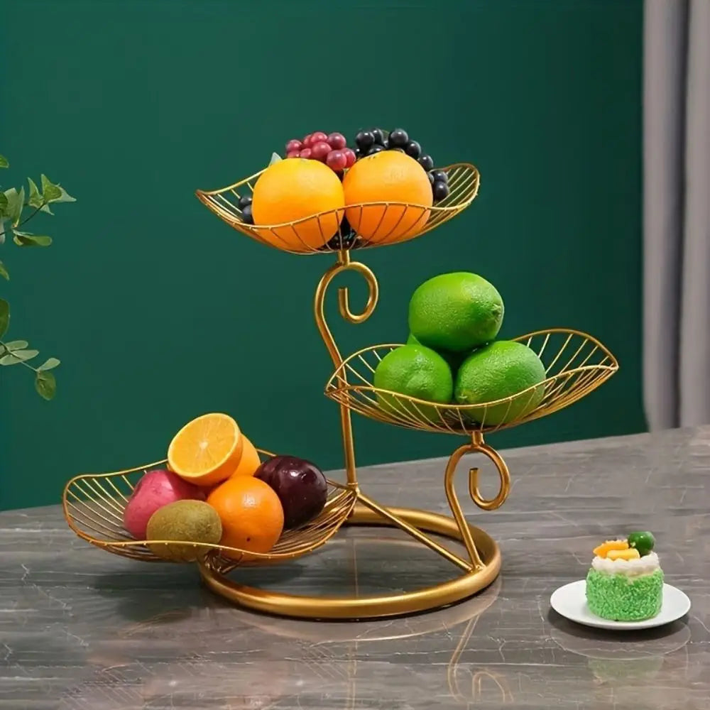 Lotus Leaf Shape 3-Tier Fruit Basket Vintage Space-Saving Multi-Layer Serving Tray with Base Metal Wire Fruit Basket