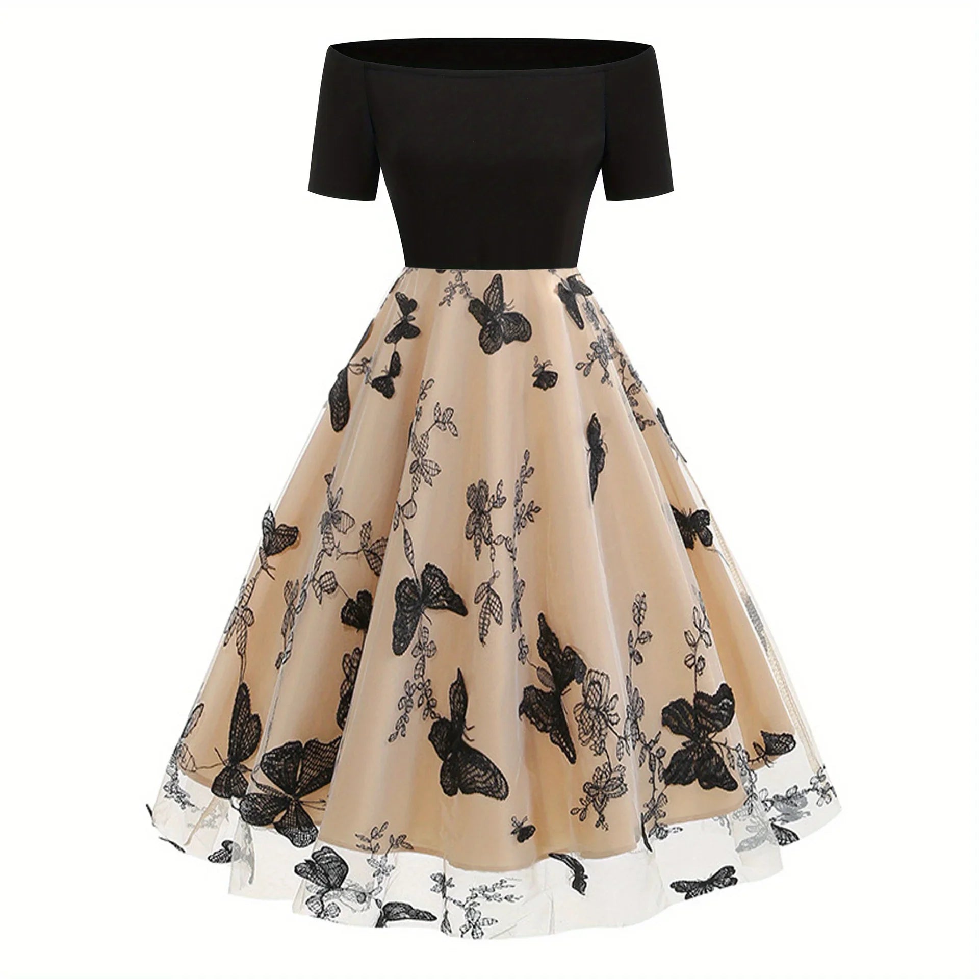New Fall & Winter Western Retro Off-the-Shoulder Dress - Tulle Paneled Evening Gown