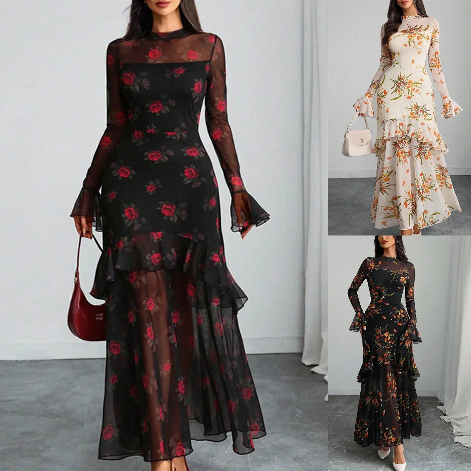 Women's Evening Gown Clothing Vintage Floral Print Maxi Dresses Spring Autumn Long Sheer Sleeve Ruffled Hem Elegant Party Dress