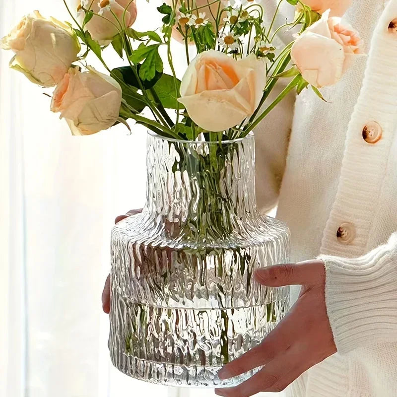 Nordic Retro Style Textured Glass Vase, Glass Bottle, Flower Pot, Hydroponic Glass Tank, Floral Arrangement, Tabletop Vase