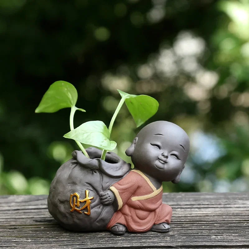 Fortune Lucky Cute The Little Monk Purple Clay Tea Pet Home Decor Mini Water Planting Flower Vase