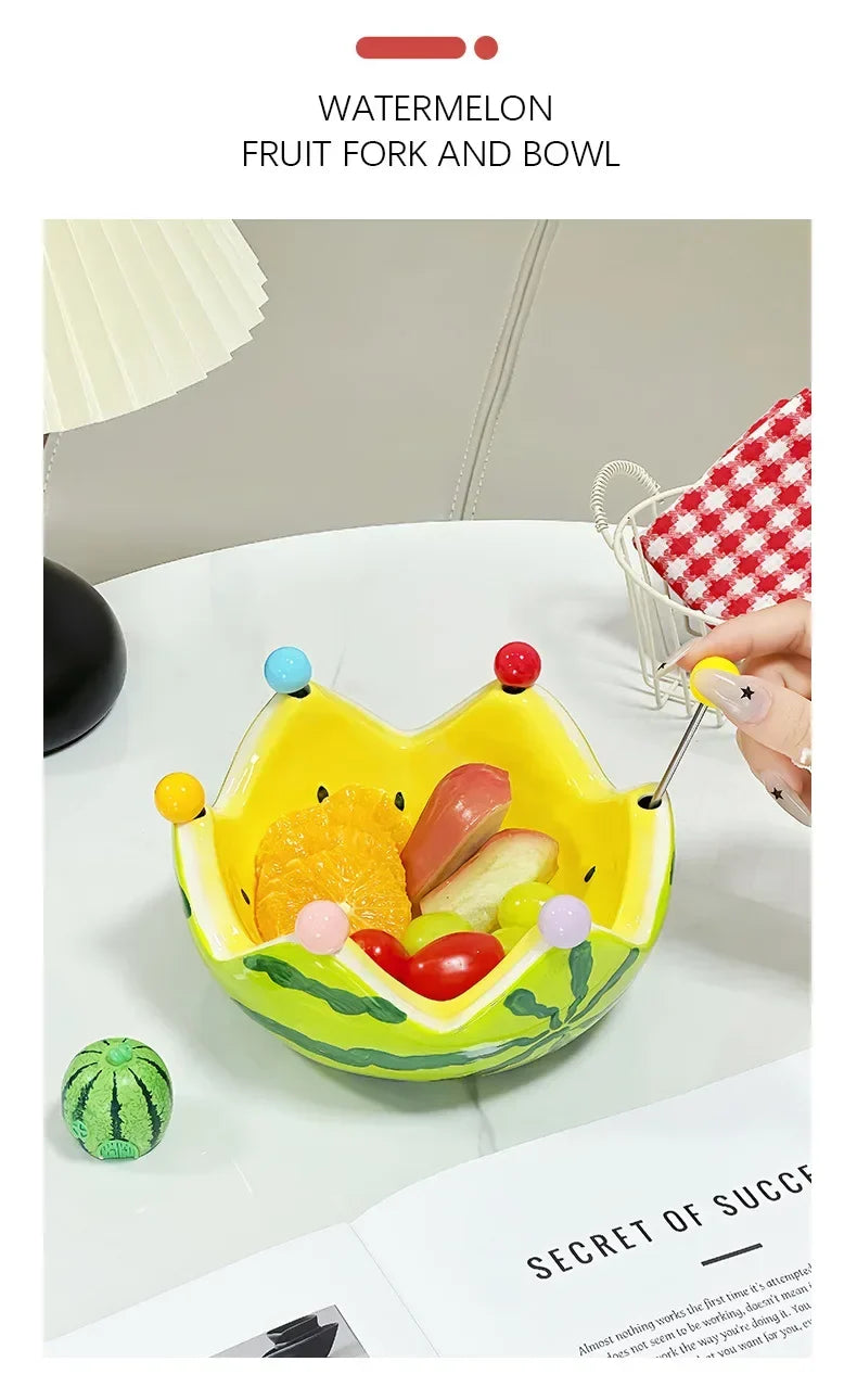 Watermelon Fruit Plate Creative Ceramic Fruit Fork Set Large Capacity Living Room Coffee Table Fruit Bowl Plate Cute  Ornaments