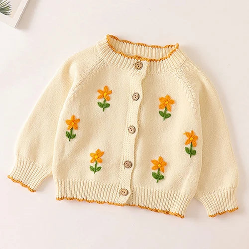 Winter Spring Baby Knitted Clothing Long Sleeved Floral Embroidery Knitting Coat Newborn Baby Girls Knitting Cardigan Sweater (Available)