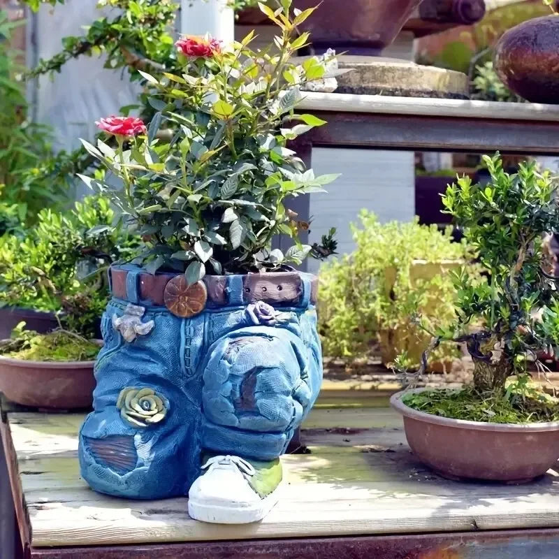 Jeans Pants Shape Flower Pot Resin Statue, Succulent Pot Flower Planter For Indoor Garden Yard Lawn Porch Patio Outdoor