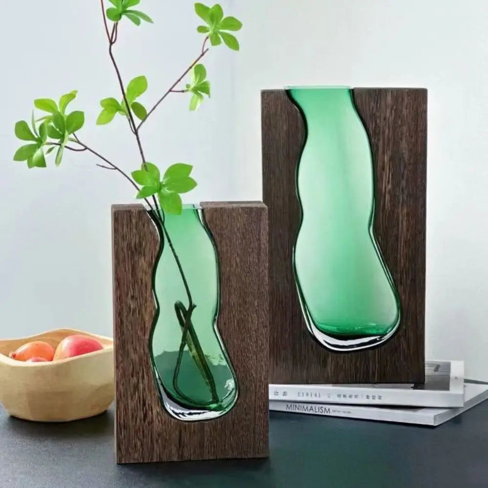 Desktop Ornament Wooden Glass Vase Transparent Modern Hydroponic Flower Holder Removable Creative Flower Pot Home