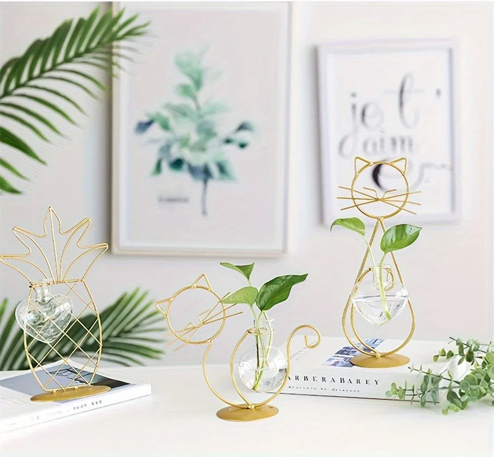 Simple Cat Iron Flower Machine Heart-Shaped Hydroponics Vase Creative Home Living Room Dining Table Decoration