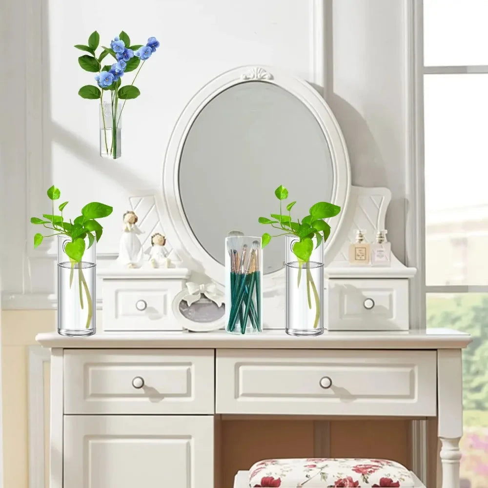 Glass Wall Vase Hanging Hydroponic Planter Wall-Mounted Flower Vases for Home Office Decor with Traceless Hook