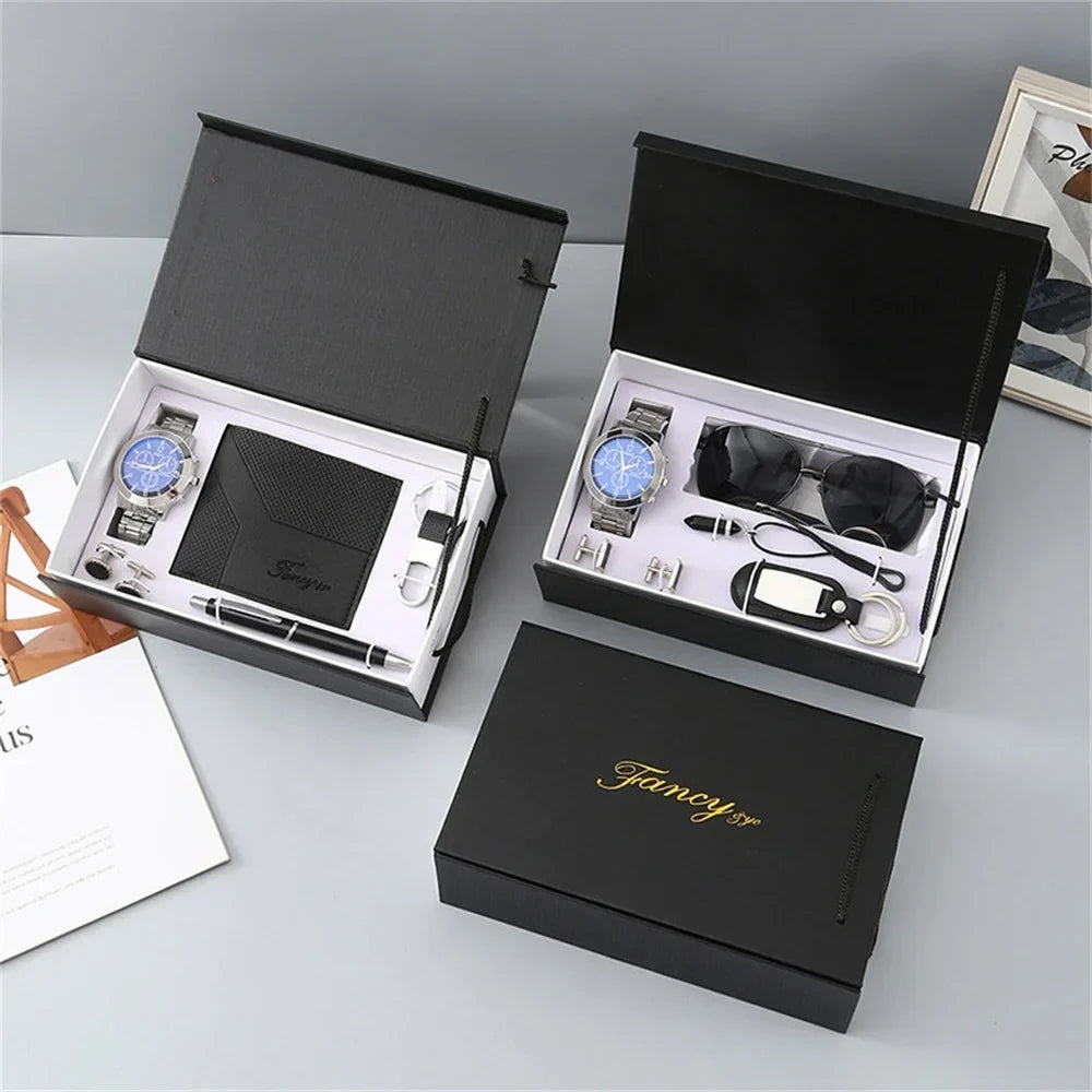 New Watch Men's Gift Set with Box Belt Wallet Set Keychain Sunglasses Cufflinks Ballpoint Pen Father's Day Gift Business Box Set