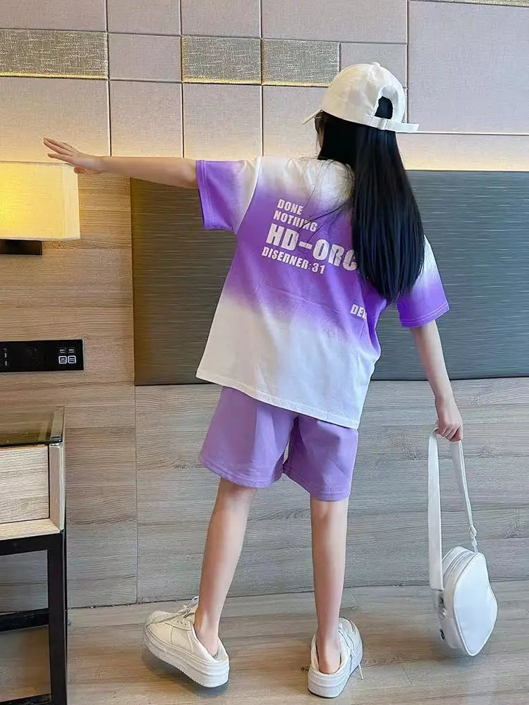 Children's Boy Clothes Set Summer Gradient Letter T-shirts and Shorts Suit Teenage Short Sleeve Top Bottom 2 Pieces Tracksuit