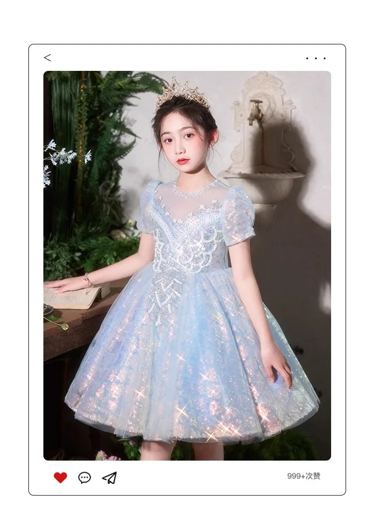 Party Dress Blue Girls Puffy Princess Dresses New Kids Gown Birthday Host Piano Recital Outfit Pageant Performance Formal Wear