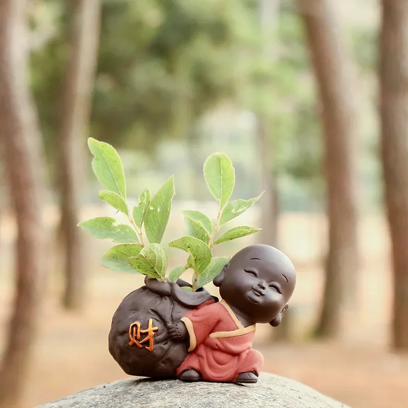 Fortune Lucky Cute The Little Monk Purple Clay Tea Pet Home Decor Mini Water Planting Flower Vase