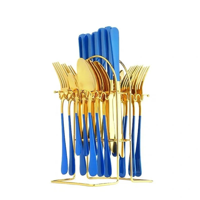 24pcs Knife Fork Spoon Dinnerware Set Rose Gold Tableware Stainless Steel Flatware Kitchen Cutlery Set with Luxury Storage Rack