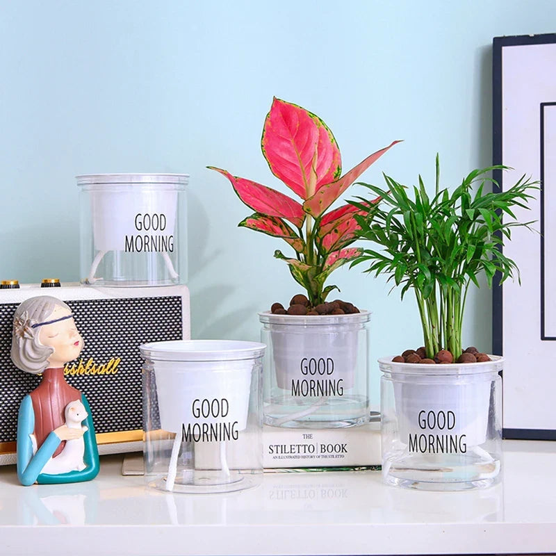 Flower Pot Automatic Water-Absorbing Flowerpot Transparent Double Layer Plastic Self Watering Planter Office