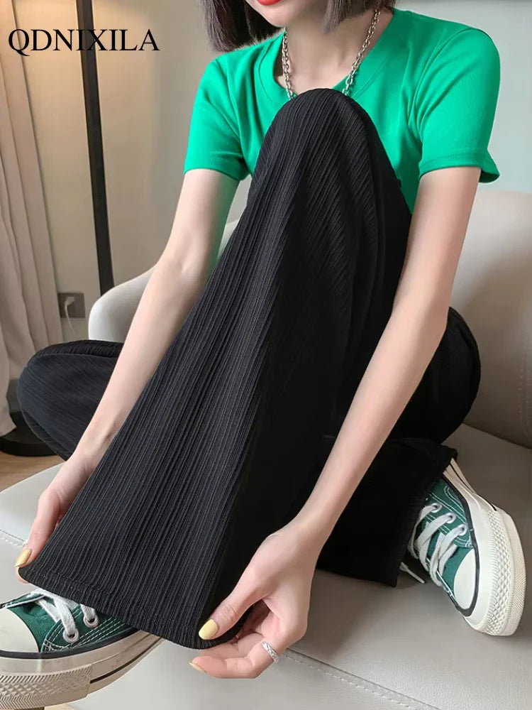 Spring Summer Ice Silk Wide Leg Pants for Women Korean Thin Chiffon High Waist Saggy Loose Straight Casual Fashion Trousers