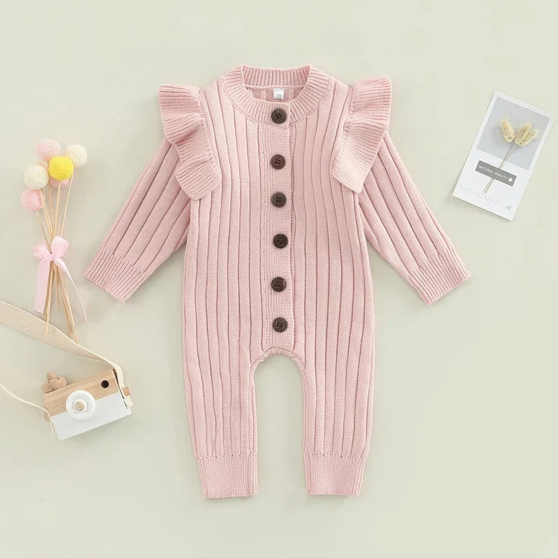 New  Winter Baby Girl’s Knitted Long Sleeve Sweater Jumpsuit Fashion Solid Color Round Neck Ruffles Button Warm Romper Outfits (Available)