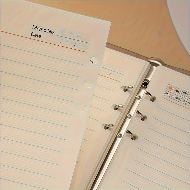 1 high-quality PU cover three fold binder, containing 100 sheets of A5 size paper and high-quality six hole metal rings