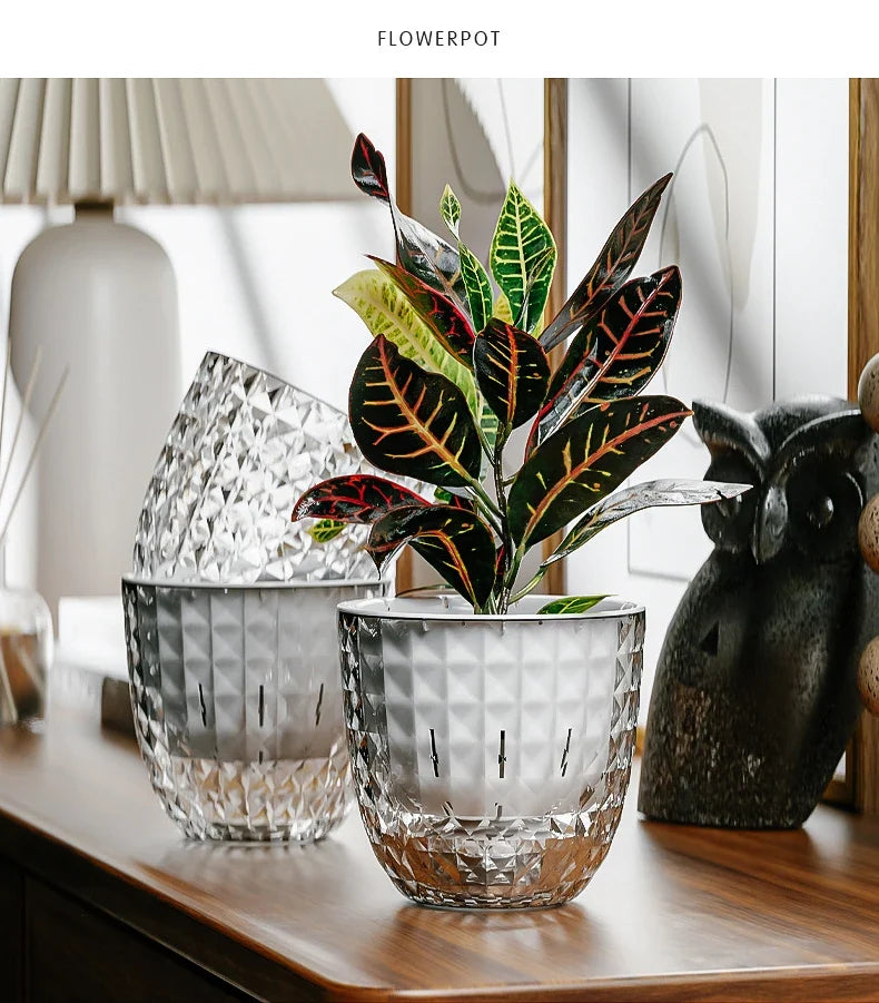Self Watering Flowerpot Automatic Water Absorbing Flowerpot Transparent Double Layer Plastic Succulent Plant Pot Decorative Pot
