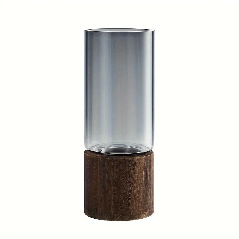 Elegant Glass Vase with Wooden Base for Hydroponic Plants,  Modern Tabletop Floral Arrangement Home Decoration