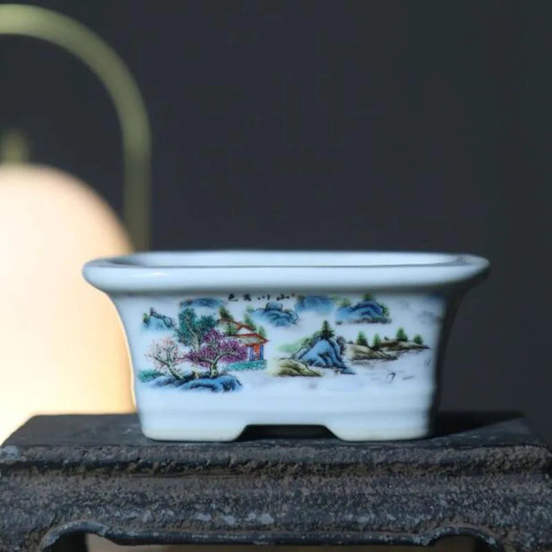 Porcelain Rectangle Landscape Pattern Bonsai Vase Desktop Ornaments Flowerpot Breathable Green Plant Pot Container Garden Decor