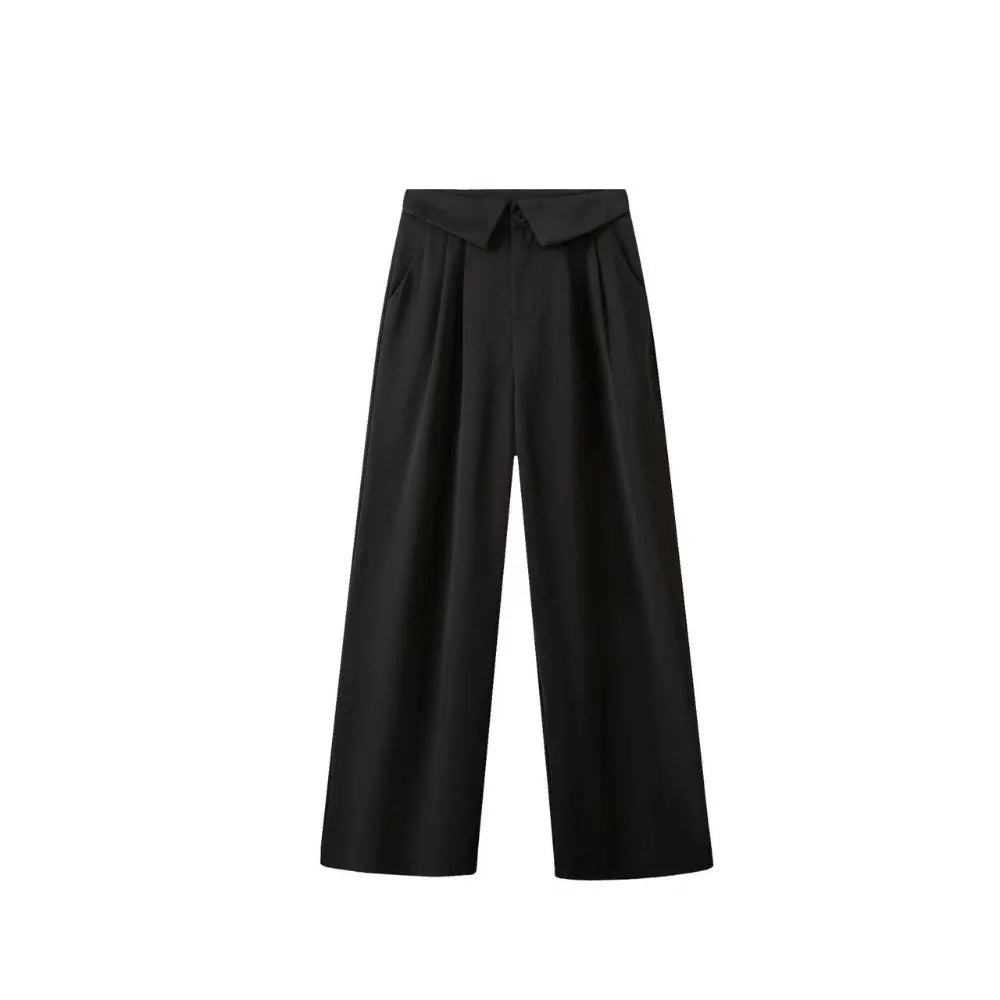 Simple Loose Straight Leg Pants Workout Trousers High Waist Casual Pants Women Drape Feeling Autumn Flip Up Suit Pants Female