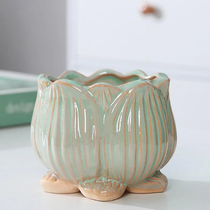 Ceramic Lotus Design Succulent Plant Pot Flower Pot Bonsai Vase with A Hole Lotus Planter Container Garden Home Decor