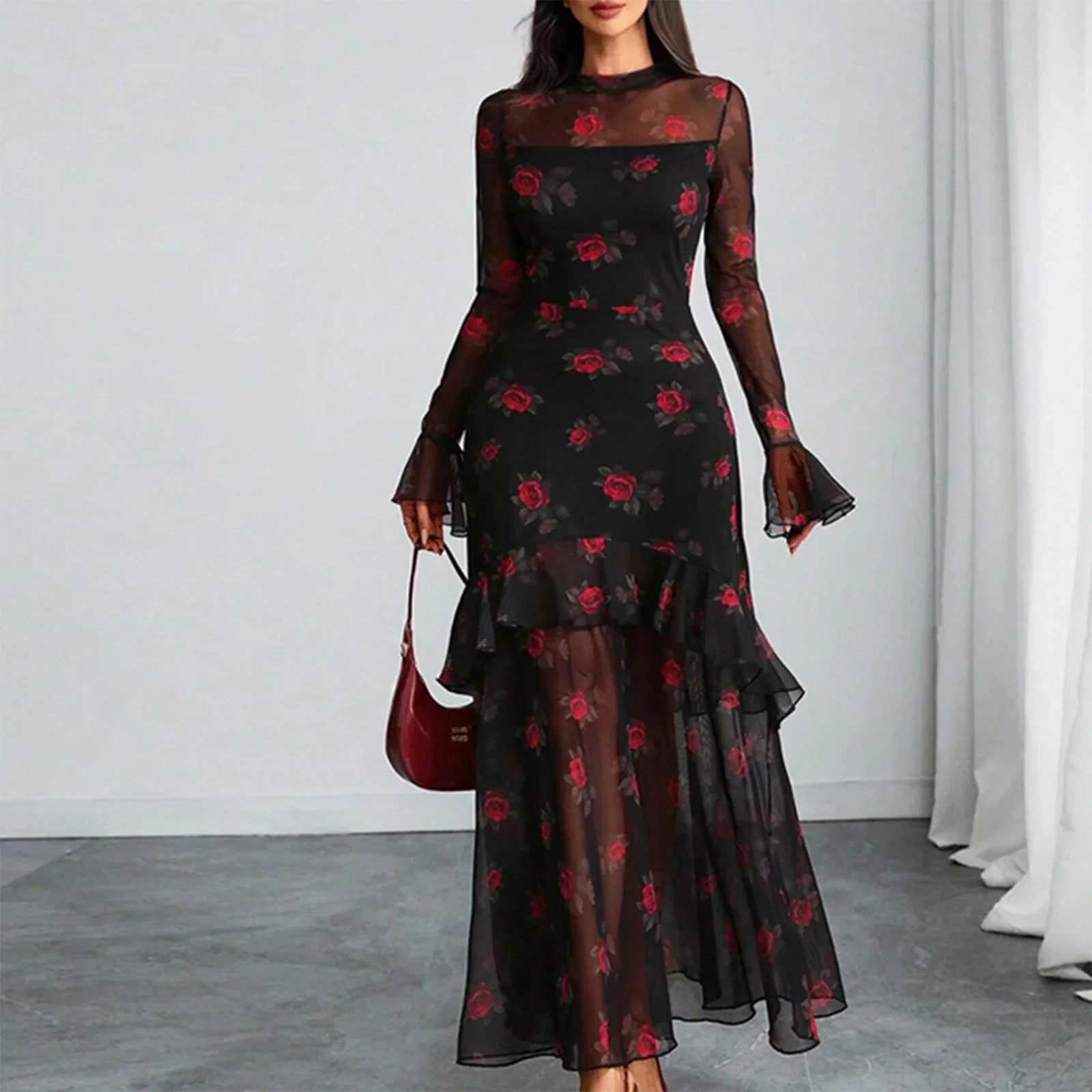 Women's Evening Gown Clothing Vintage Floral Print Maxi Dresses Spring Autumn Long Sheer Sleeve Ruffled Hem Elegant Party Dress