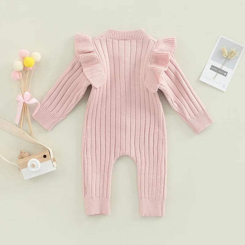 New  Winter Baby Girl’s Knitted Long Sleeve Sweater Jumpsuit Fashion Solid Color Round Neck Ruffles Button Warm Romper Outfits (Available)