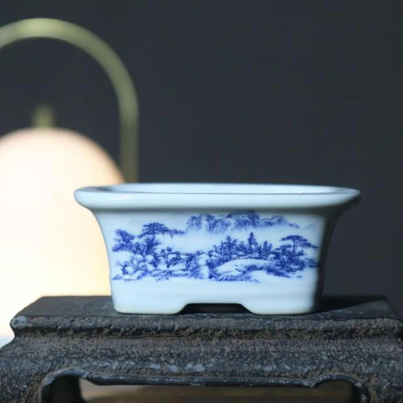 Porcelain Rectangle Landscape Pattern Bonsai Vase Desktop Ornaments Flowerpot Breathable Green Plant Pot Container Garden Decor