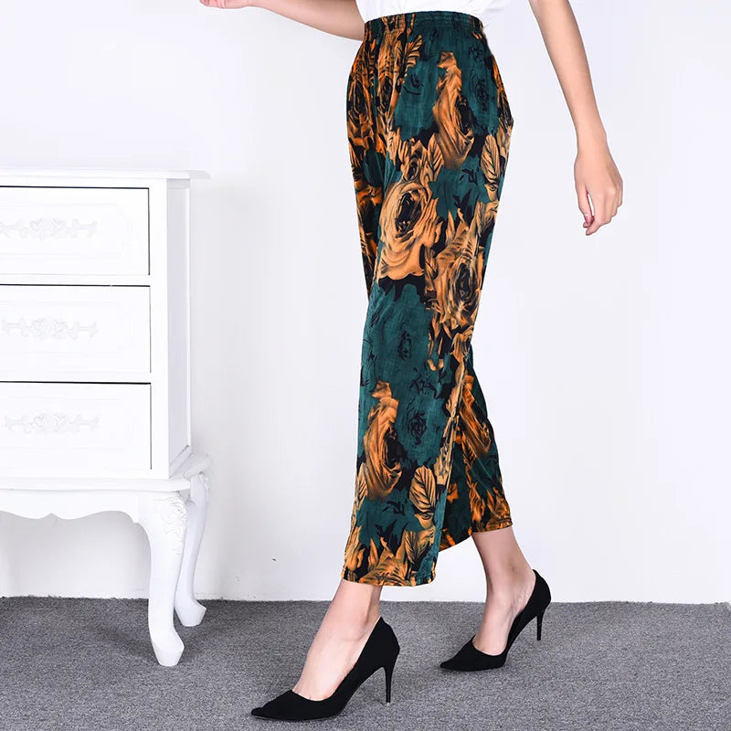 Summer Ladies Ice Silk Loose Casual Home Pants Elastic plus Size Mom Square Sports High Waist Straight Leg Length Nine Points