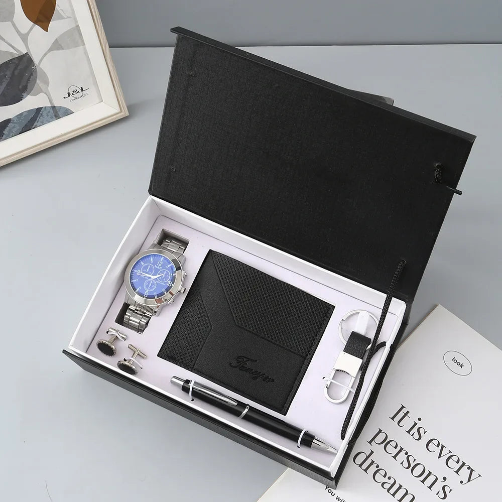 New Watch Men's Gift Set with Box Belt Wallet Set Keychain Sunglasses Cufflinks Ballpoint Pen Father's Day Gift Business Box Set