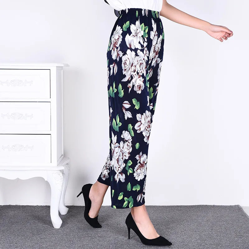 Summer Ladies Ice Silk Loose Casual Home Pants Elastic plus Size Mom Square Sports High Waist Straight Leg Length Nine Points