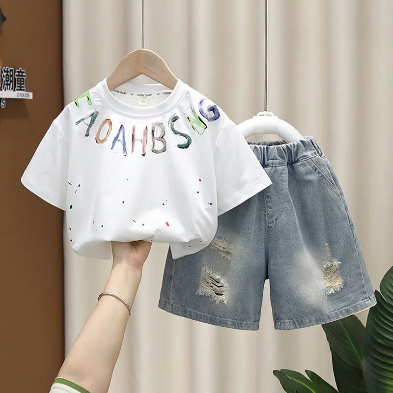 Children Clothing Korean Cotton Short Sleeve Print Shirt+Shorts Set for Toddler Boy Baby Summer Thin Casual Fashion Outfit