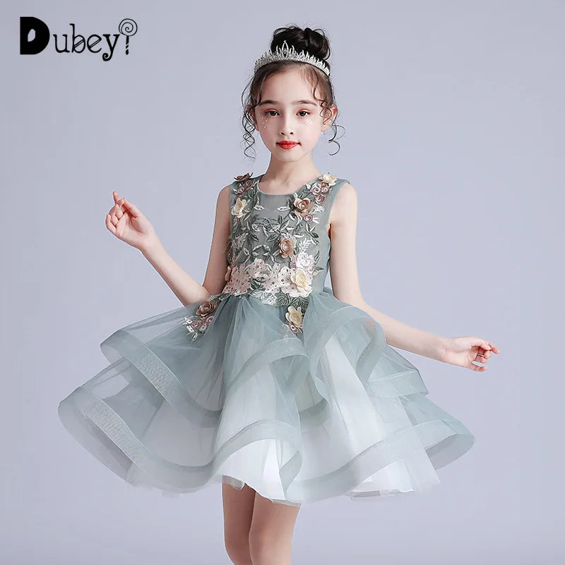 Kids Girls Layered Dress  Elegant Flower Girl Dresses for Wedding Birthday Party Children Festival Ball Gown