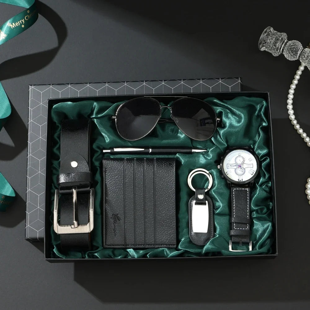 New Luxury Men's Accessory Set Watch Belt Wallet Pen Keychain Bracelet Cufflinks Sunglasses Gift Box for Dad Husband Boyfriend
