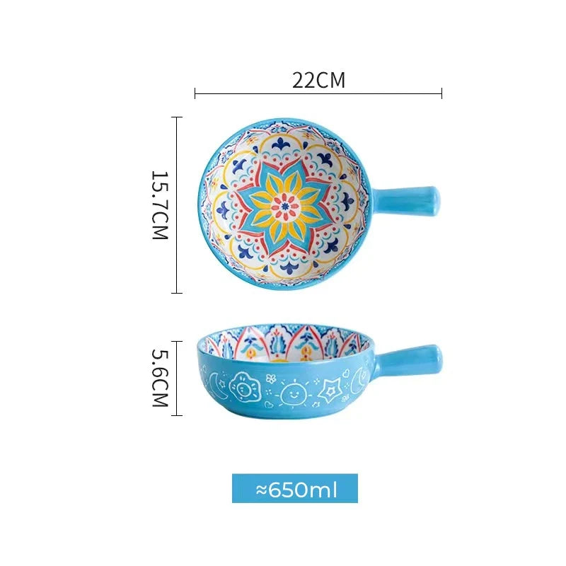 Single Handle Ceramic Noodle Bowl, Bohemian Design, Large Bowl, Creative Restaurant, Household Salad, Dessert Bowl, Home Decorat